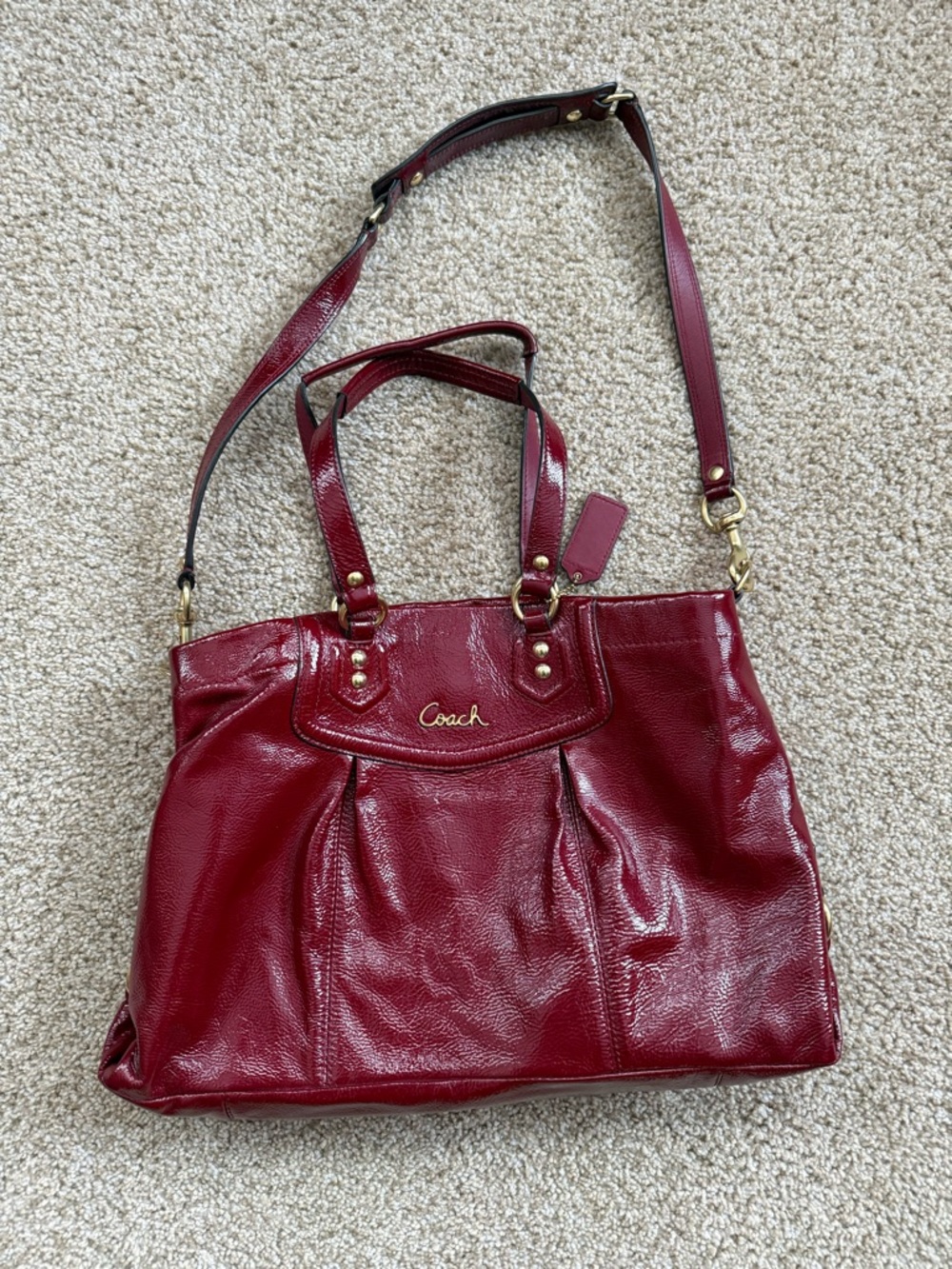 Coach Wine Red Leather Tote with Detachable Strap